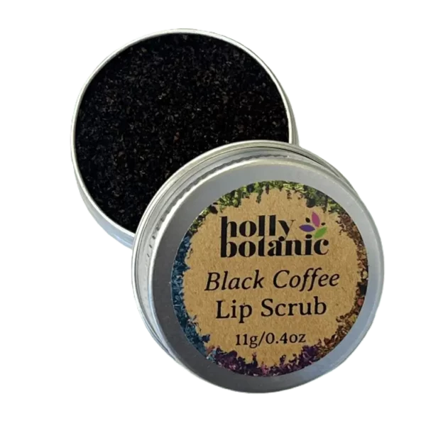 Black Coffee Lip Scrub - Natural, handmade lip scrub suitable for vegans. Presented in an aluminium, recyclable, screw top tin. Lid Off