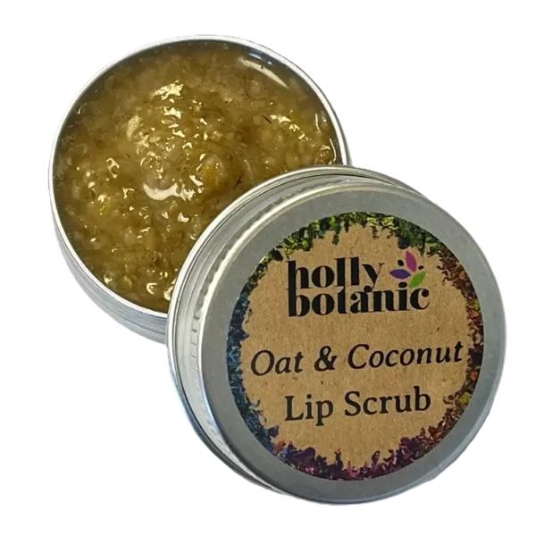 Oat and coconut lip scrub. Natural, handmade lip scrub suitable for vegans. Presented in a recyclable, alumunium, screw top tin. Lid off