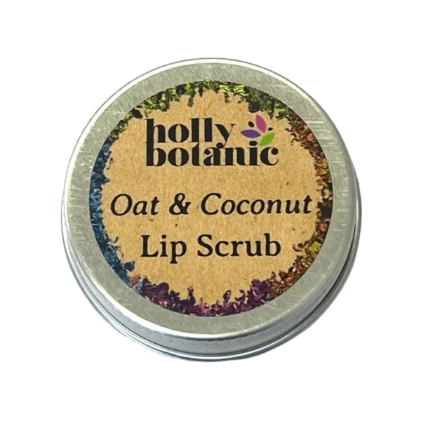 Oat and coconut lip scrub. Natural, handmade lip scrub suitable for vegans. Presented in a recyclable, alumunium, screw top tin.