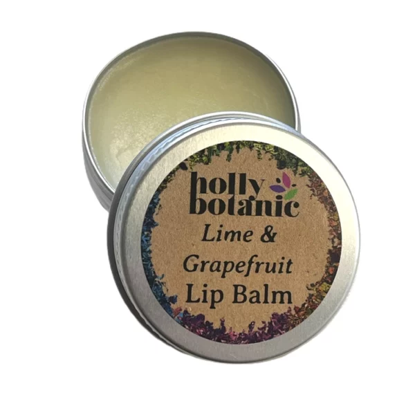 Lime and grapefruit lip balm, lid off