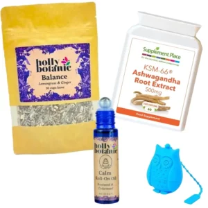Stress less bundle includes 60 x Ashwagandha capsules, 20 cup loose Balance tisane and calm pulse point oil with free infuser
