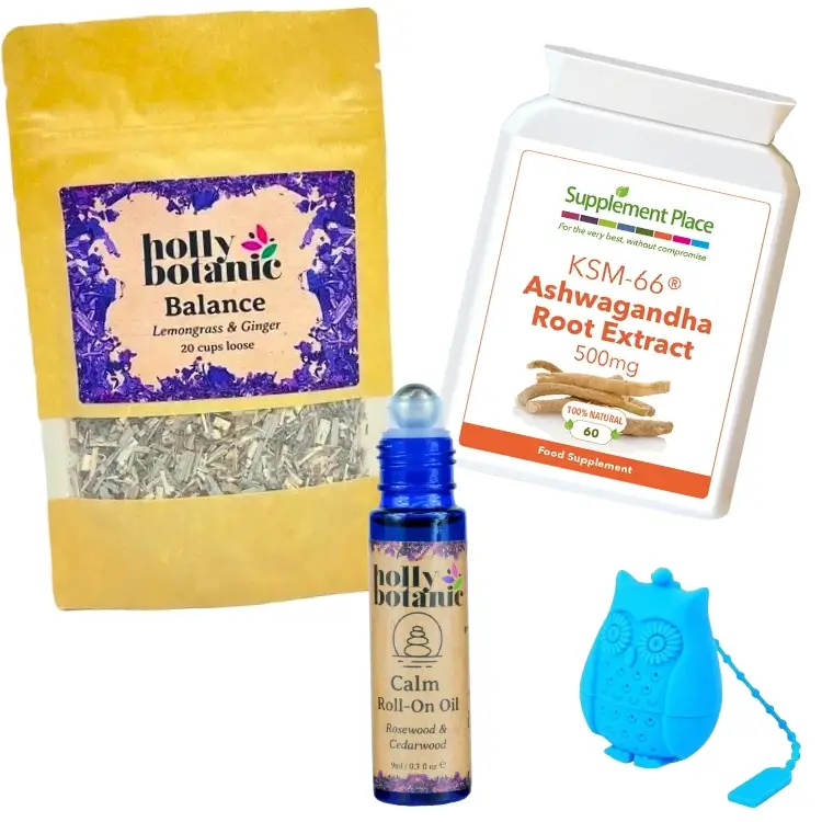 Stress less bundle includes 60 x Ashwagandha capsules, 20 cup loose Balance tisane and calm pulse point oil with free infuser