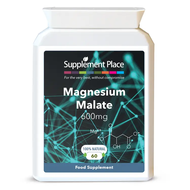 Magnesium Malate 600mg capsules, providing 120mg elemental magnesium. Available in 60, 120 or 240 capsules supplied in recyclable, letterbox friendly pots.
