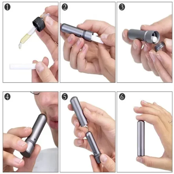 Grey inhaler with images showing step by step instructions for use