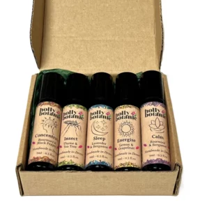 Roll-On Oils Gift Set - Holly Botanic. All 5 roll-on oils, unique essential oil blends in rollerball bottles. Calm, concentrate, energise, insect and sleep.