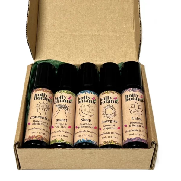 Roll-On Oils Gift Set - Holly Botanic. All 5 roll-on oils, unique essential oil blends in rollerball bottles. Calm, concentrate, energise, insect and sleep.