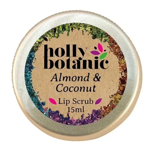 Holly Botanic almond and coconut lip scrub pot image closed. 15ml recyclable, aluminium tin.