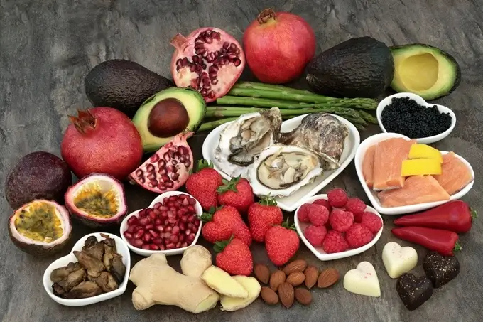 Foods with aphrodisiac properties include oysters, nuts and avocado.