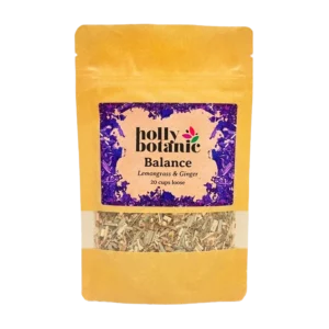 Balance tisane for stress and fatigue by Holly Botanic, lemongrass and ginger, 20 cups loose. Recyclable packaging.