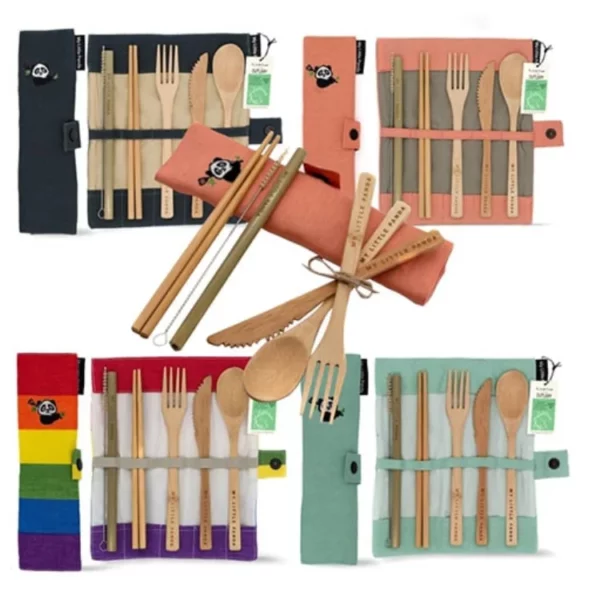 Bamboo cutlery set category image. Knife, fork, spoon, straw, chopsticks and cleaning brush in a roll-up pouch. Choice of 4 colours. Biodegradable, compostable and plastic-free.