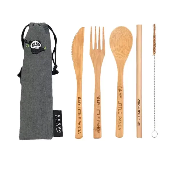 Compact bamboo cutlery set, emerald green colour. Knife, fork, spoon, straw and cleaning brush in a drawstring carry case. Biodegradable,compostable and plastic-free.