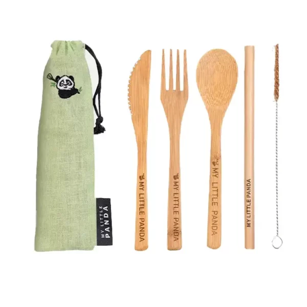 Compact bamboo cutlery set, lime colour. Knife, fork, spoon, straw and cleaning brush in a drawstring carry case. Biodegradable, compostable and plastic-free.