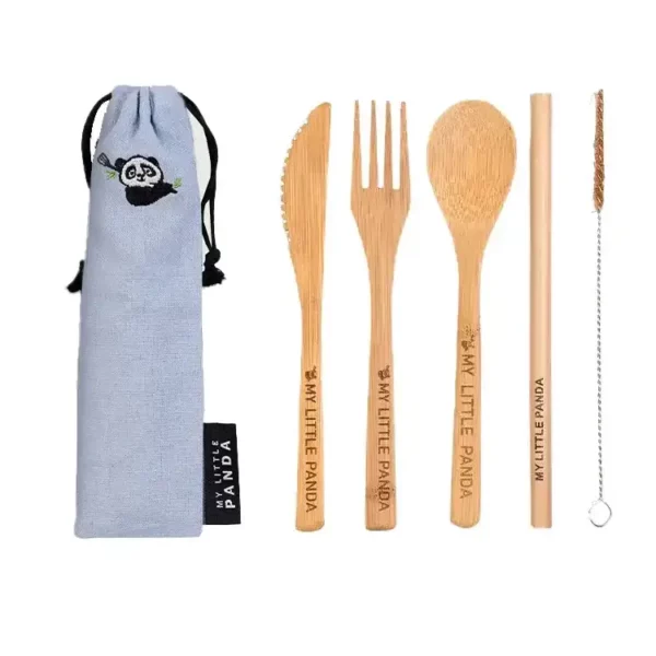 Compact bamboo cutlery set, ocean colour. Knife, fork, spoon, straw and cleaning brush in a drawstring carry case. Biodegradable,compostable and plastic-free.