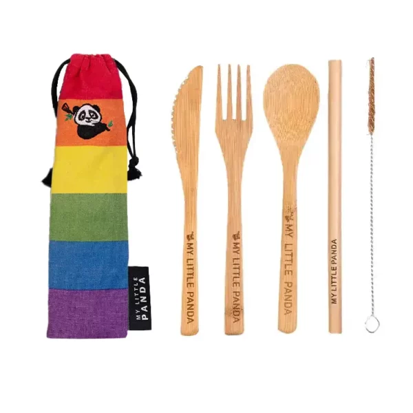Compact bamboo cutlery set, rainbow colour. Knife, fork, spoon, straw and cleaning brush in a drawstring carry case. Biodegradable,compostable and plastic-free.