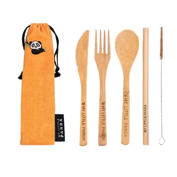 Compact bamboo cutlery set, sunglow colour. Knife, fork, spoon, straw and cleaning brush in a drawstring carry case. Biodegradable,compostable and plastic-free.