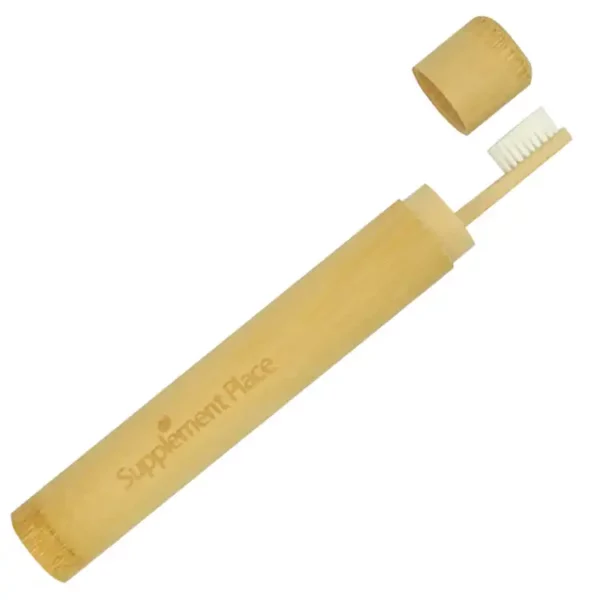 Bamboo toothbrush in case with lid. 100% plant based toothbrush in case.