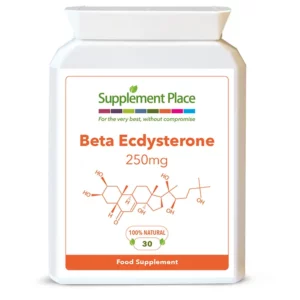 Beta Ecdysterone providing 250mg per capsule with black pepper extract for bioavailability in letter-box friendly pot. Front label.