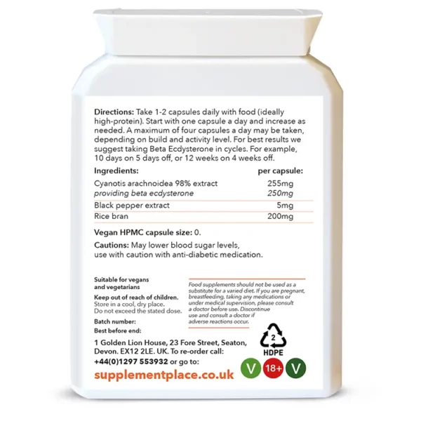 Beta Ecdysterone providing 250mg per capsule with black pepper extract for bioavailability in letter-box friendly pot. Rear label.