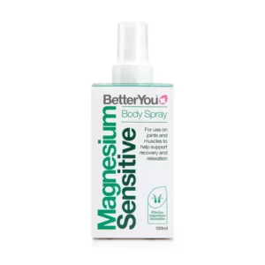 BetterYou Magnesium Sensitive Body Spray 100ml. Magnesium Citrate to be applied to the skin. 100mg (28% NRV) magnesium for every 10 sprays. Dermatologically tested for sensitive skin.
