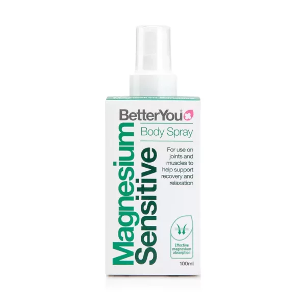 BetterYou Magnesium Sensitive Body Spray 100ml. Magnesium Citrate to be applied to the skin. 100mg (28% NRV) magnesium for every 10 sprays. Dermatologically tested for sensitive skin.