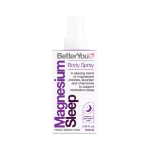 BetterYou Magnesium Sleep Body Spray 100ml. Magnesium chloride and essential oils to be applied to the skin. 75mg of Magnesium supplied per 10 sprays.