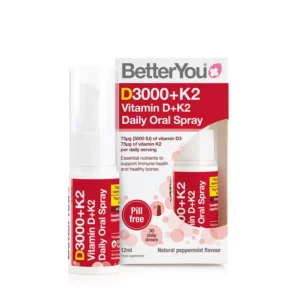 BetterYou Vitamin D3+K2 Oral Spray 12ml. 3000IU of Vitamin D3, 75mcg of Vitamin K2 delivered per 3 sprays. Peppermint flavour. Box and Bottle.