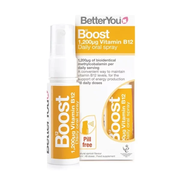 BetterYou Boost Vitamin B12 Oral Spray oral spray 25ml, 48 daily doses. 1,200μg per daily dose. Natural apricot flavour.