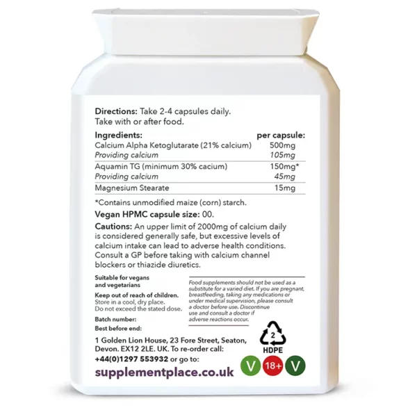 Calcium Alpha-Ketoglutarate 500mg Capsules providing 21% calcium in a letterbox-friendly pot. Rear label.
