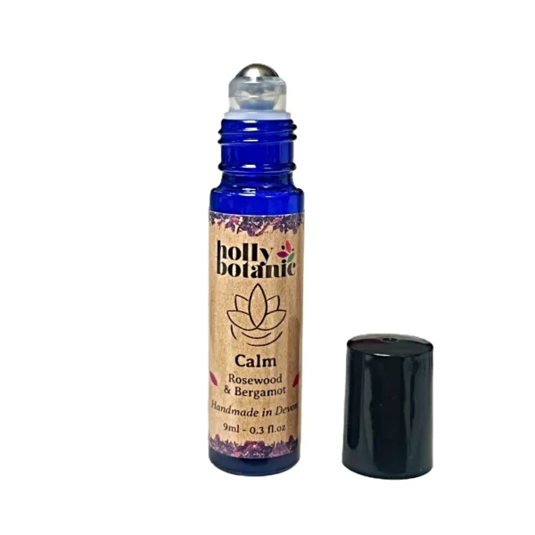 Calming essential oils in pulse point roll-on 9ml bottle lid off
