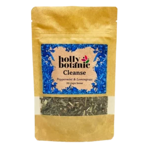 Cleanse herbal tisane to detox, peppermint and lemongrass. 20 cups loose. Recyclable packaging.