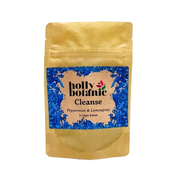 Cleanse tisane by Holly Botanic, peppermint and lemongrass to detox and refresh, 3 cup loose. Recyclable packaging.