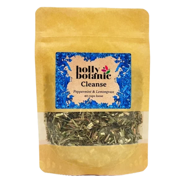 Cleanse tisane by Holly Botanic, peppermint and lemongrass to detox and refresh, 40 cup loose. Recyclable packaging.
