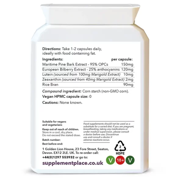 ClearVision | Combination of Pine Bark, Bilberry, Lutein & Zeaxanthin for Eye Health. Rear label
