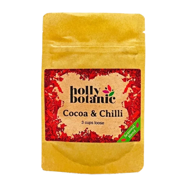 Cocoa & Chilli tisane by Holly Botanic. 3 cup loose, seasonal blend tisane. Recyclable packaging.