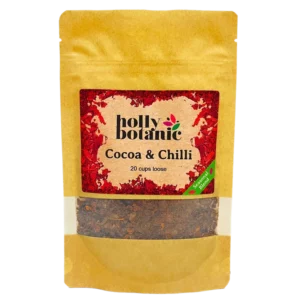 Cocoa and Chilli tisane by Holly Botanic. 20 cup loose, seasonal blend tisane. Recyclable packaging.
