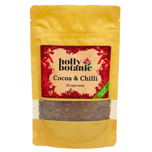 Cocoa and Chilli tisane by Holly Botanic. 20 cup loose, seasonal blend tisane. Recyclable packaging.