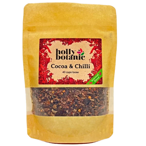 Cocoa & Chilli tisane by Holly Botanic. 40 cup loose, seasonal blend tisane. Recyclable packaging.