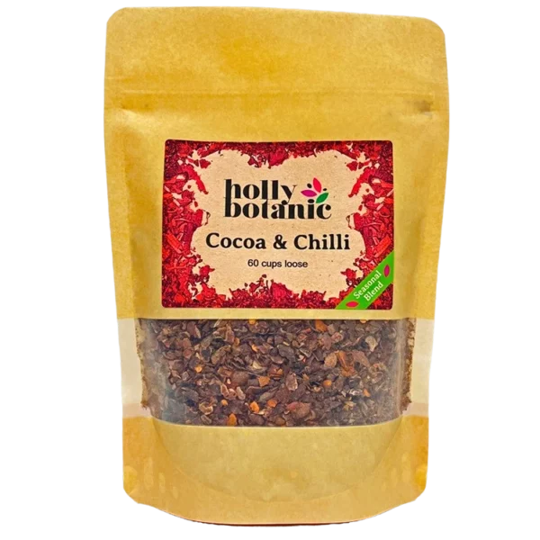 Cocoa & Chilli tisane by Holly Botanic. 60 cup loose, seasonal blend tisane. Recyclable packaging.