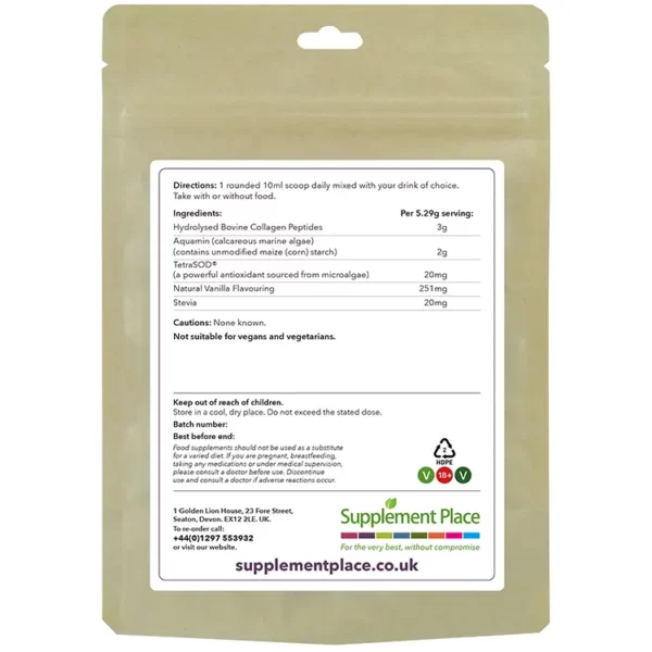 Collagen Joints Blend pouch rear. Hydrolysed bovine collagen peptides, Aquamin and TetraSOD®. Natural vanilla flavour. 30 days supply.