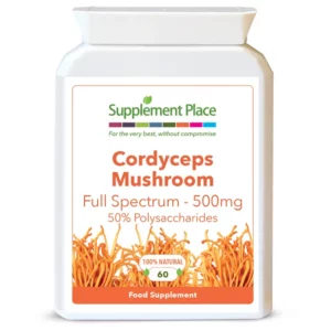 Cordyceps mushroom, full spectrum, organic 500mg capsules, 50% polysaccharides. Available 60, 120 or 240 capsules in a recyclable pot.