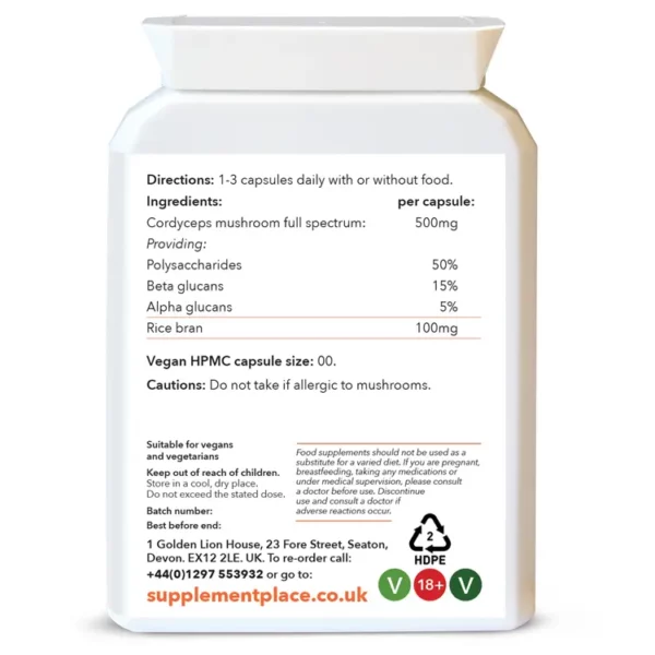 Cordyceps mushroom, full spectrum, 500ml capsules, 50% polysaccharides. Available 60, 120 or 240 capsules in a recyclable pot. Rear Label