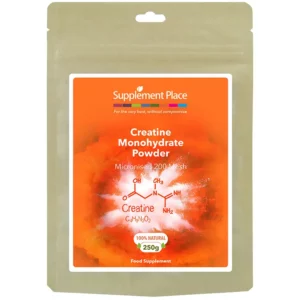 Creatine Monohydrate Powder pouch front. Micronised 200 mesh. Recyclable.