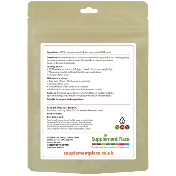 Creatine Monohydrate Powder pouch front. Micronised 200 mesh. Recyclable.