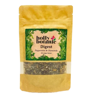 Digest herbal tea for digestion by Holly Botanic, peppermint and chamomile, 20 cup loose. Recyclable packaging.