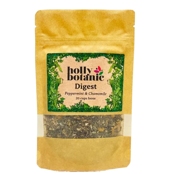 Digest herbal tea for digestion by Holly Botanic, peppermint and chamomile, 20 cup loose. Recyclable packaging.