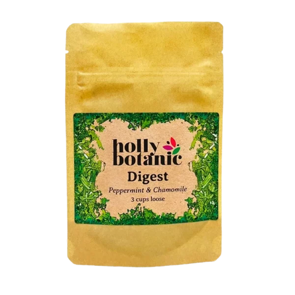 Digest tisane by Holly Botanic, peppermint and chamomile for comfortable digestion, 3 cup loose. Recyclable packaging.