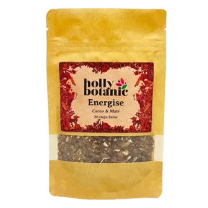 Energise tisane by Holly Botanic, cacao and mate, a coffee-alternative herbal tisane, 20 cup loose. Recyclable packaging.