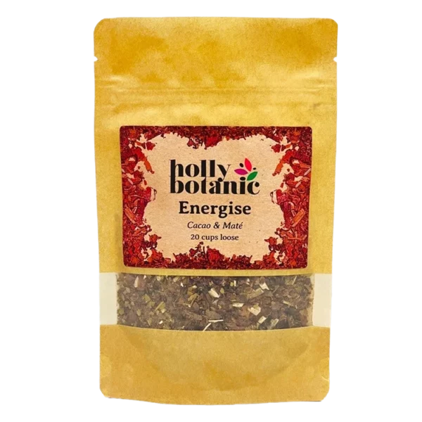 Energise tisane by Holly Botanic, cacao and mate, a coffee-alternative herbal tisane, 20 cup loose. Recyclable packaging.