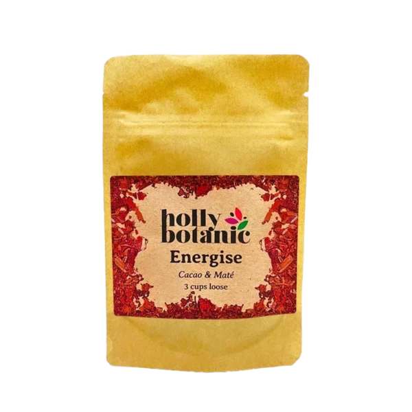Energise tisane by Holly Botanic, cacao and mate, a coffee-alternative herbal tisane, 3 cup loose. Recyclable packaging.