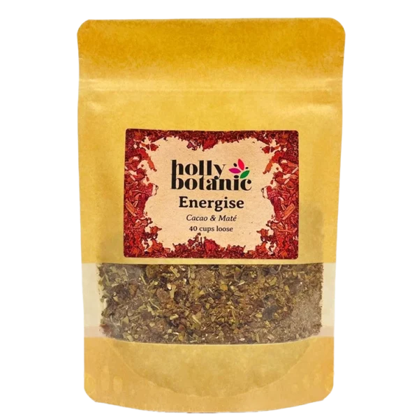 Energise tisane by Holly Botanic, cacao and mate, a coffee-alternative herbal tisane, 40 cup loose. Recyclable packaging.